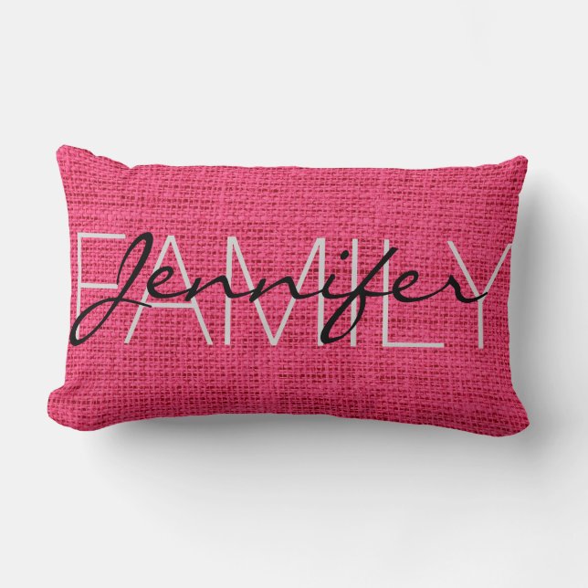 Hot Pink Rustic Burlap Monogram Lumbar Pillow (Front)