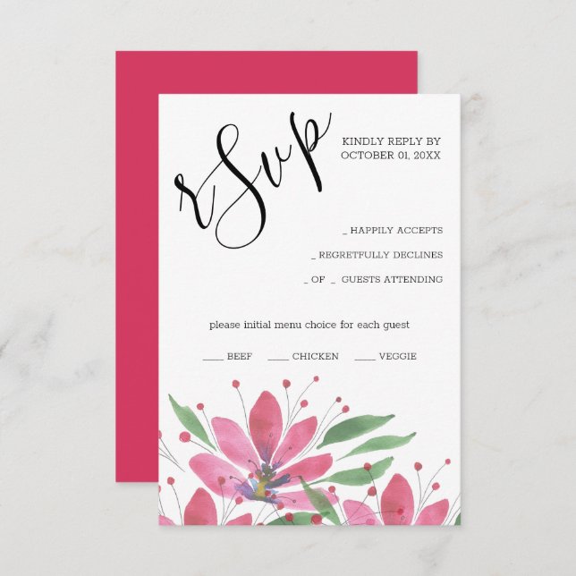 Hot Pink Rustic Lotus Watercolor Art RSVP Card (Front/Back)