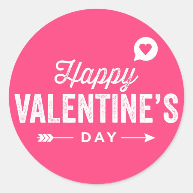 Hot Pink Rustic Typography Happy Valentine's Day Classic Round Sticker (Front)