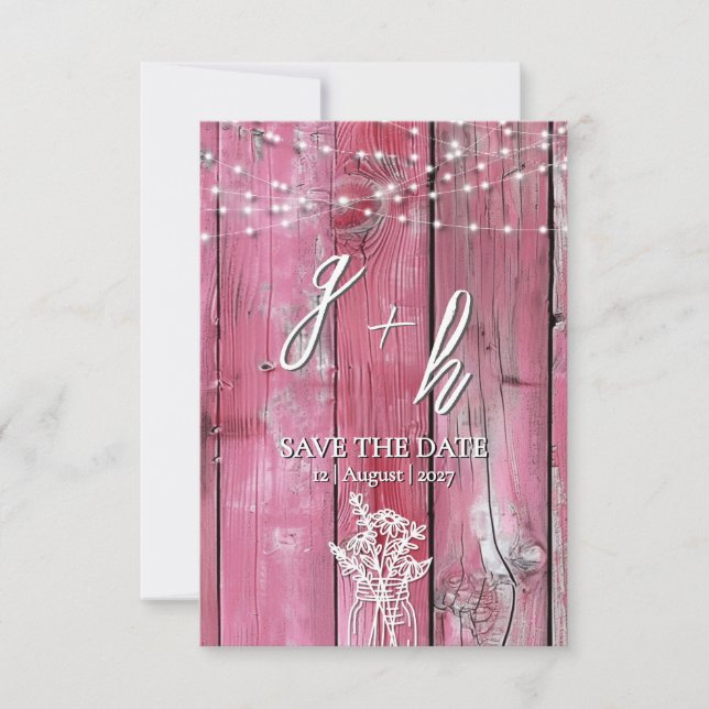 Hot Pink Rustic Wood String Lights Boho Mason Jar Save The Date (Front)