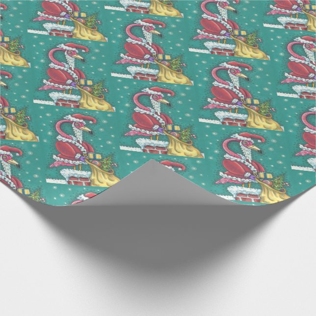 HOT PINK SANTA, CHRISTMAS FLAMINGO WRAPPING PAPER (Corner)
