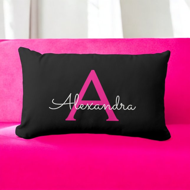 Hot Pink Script Girly Monogram Name Lumbar Pillow (Creator Uploaded)