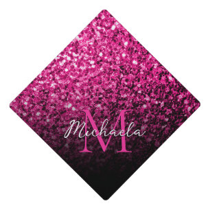 Hot pink shiny faux glitter sparkle Monogram Graduation Cap Topper