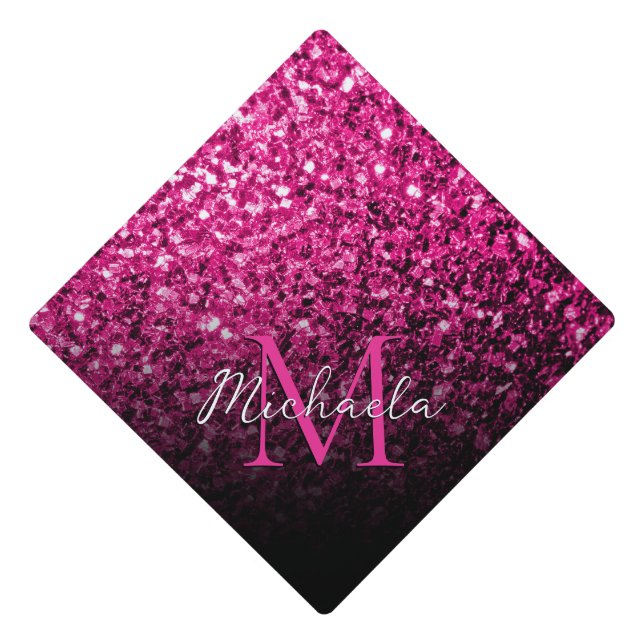 Hot pink shiny faux glitter sparkle Monogram Graduation Cap Topper (Front)