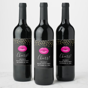 Hot Pink Shiny Lips on Black Bachelorette Wine Label