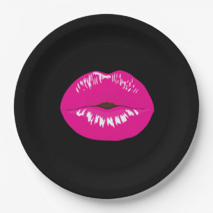 Hot Pink Shiny Lips on Black Paper Plate