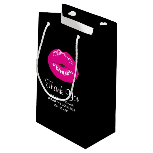 Hot Pink Shiny Lips on Black Thank You Business Small Gift Bag (Back Angled)