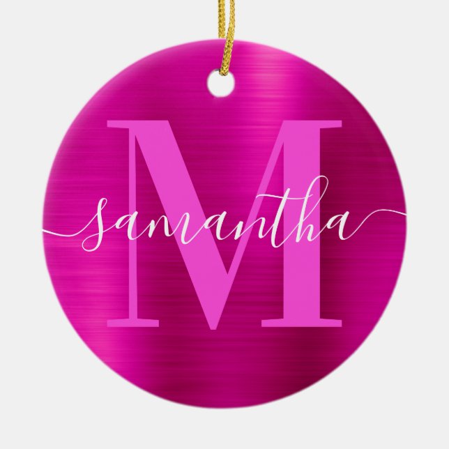 Hot Pink Signature Monogram Foil Photo Ceramic Ornament (Front)