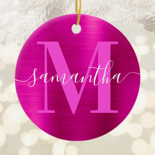 Hot Pink Signature Monogram Foil Photo Ceramic Ornament