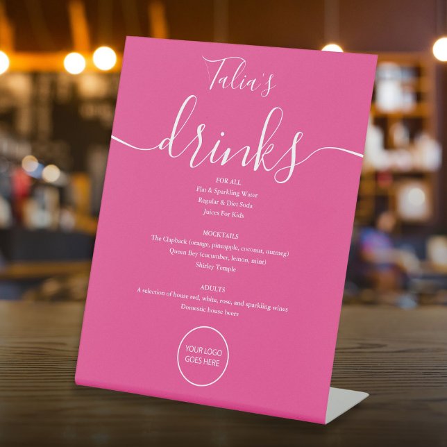 Hot Pink Signature Script Wedding Logo Drinks Menu Pedestal Sign (Hot Pink Signature Script Wedding Logo Drinks Menu Pedestal Sign)