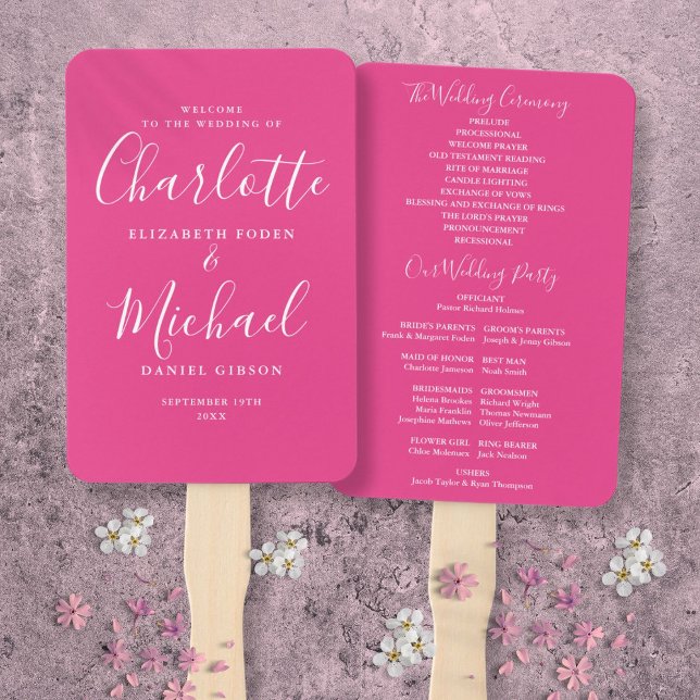 Hot Pink Signature Script Wedding Program Hand Fan (Hot Pink Signature Script Wedding Program Hand Fan)