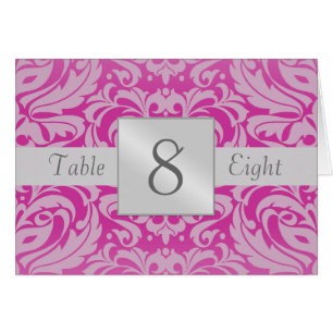 Hot Pink Silver Damask Table Number Folded Card