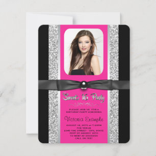 Hot Pink Silver Glitter Sweet 16 Party Invitation