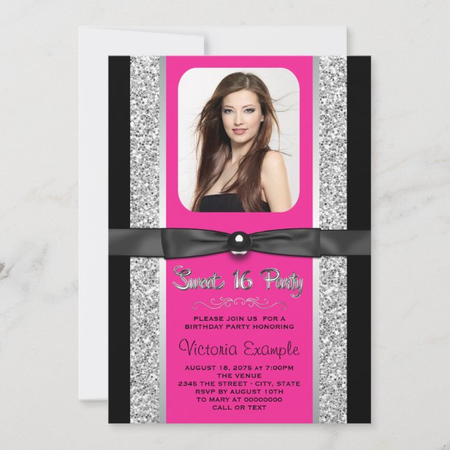 Hot Pink Silver Glitter Sweet 16 Party Invitation (Front)