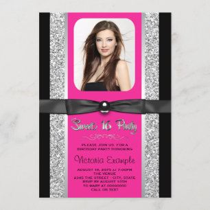 Hot Pink Silver Glitter Sweet 16 Party Invitation