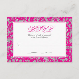 Hot Pink Silver Glitter Swirl Damask RSVP