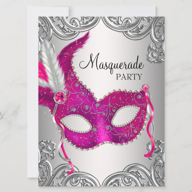 Hot Pink Silver Mask Masquerade Ball Party Invitation (Front)
