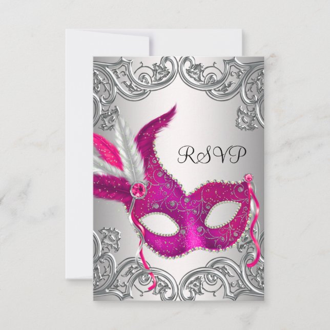 Hot Pink Silver Mask Masquerade Party RSVP (Front)