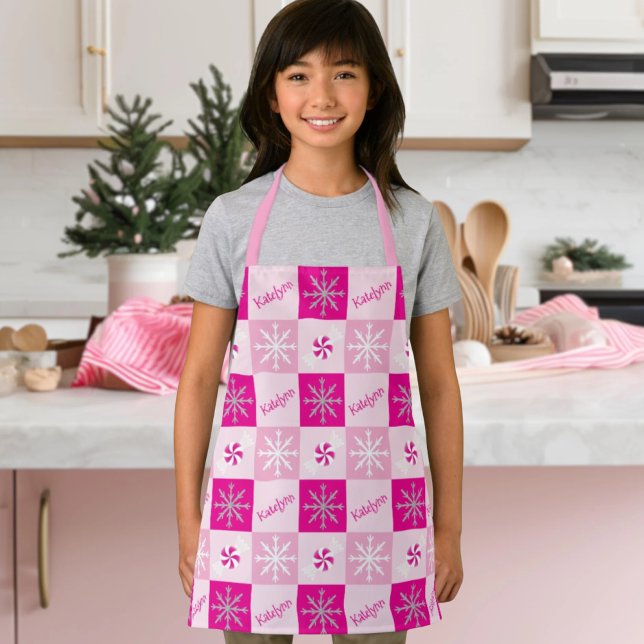 Hot Pink & Silver Peppermints Snowflakes Add Name Apron (Creator Uploaded)