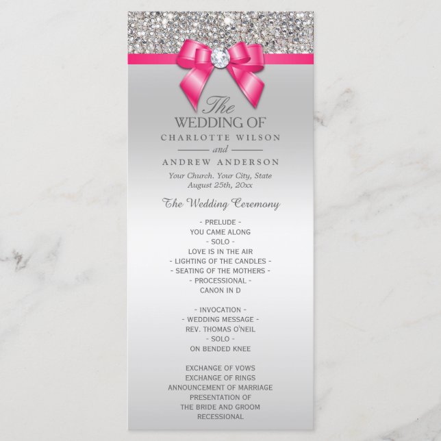 Hot Pink Silver Sequin Diamond Bow Wedding Program (Front)