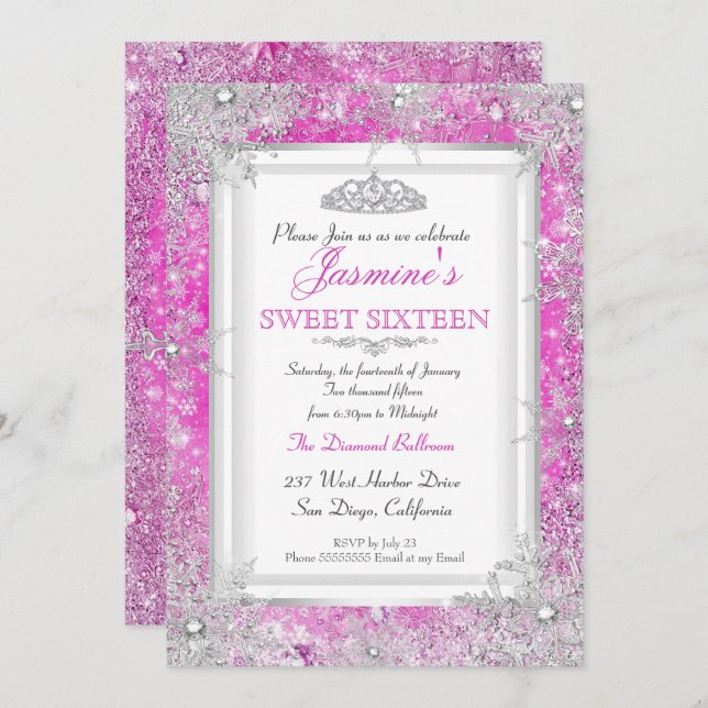 Hot Pink Silver Winter Wonderland Sweet 16 Invitation (Front/Back)