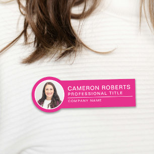 Hot Pink Simple Employee Photo Name Tag