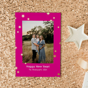 Hot Pink Simple Stars One Photo Happy New Year Foil Holiday Card