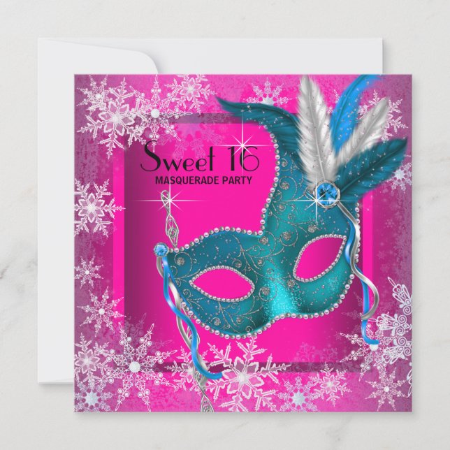 Hot Pink Snowflake Sweet 16 Masquerade Party Invitation (Front)