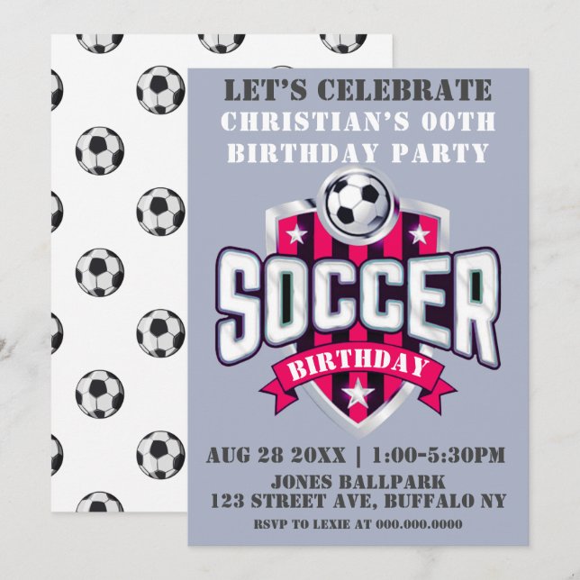 Hot Pink Soccer Theme Birthday Party Invitations  (Front/Back)