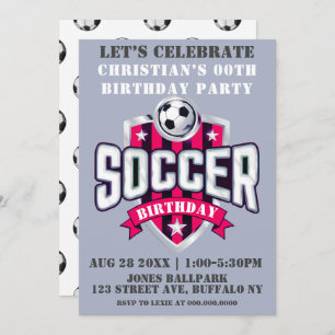 Hot Pink Soccer Theme Birthday Party Invitations 
