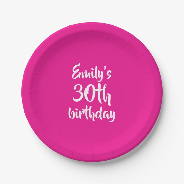 Hot Pink Solid Personalized Birthday Paper Plate (Front)