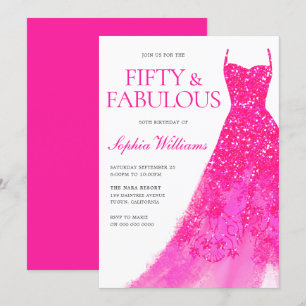 Hot Pink Sparkle Dress 50th Birthday Party Invitation