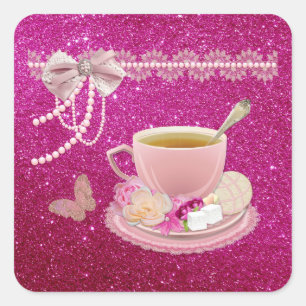 Hot Pink Sparkle Tea Party Custom Square Stickers