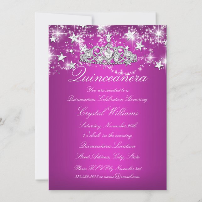 Hot Pink Sparkle Tiara Stars Quinceanera Invitation (Front)