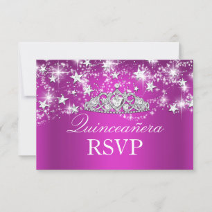 Hot Pink Sparkle Tiara & Stars Quinceanera RSVP