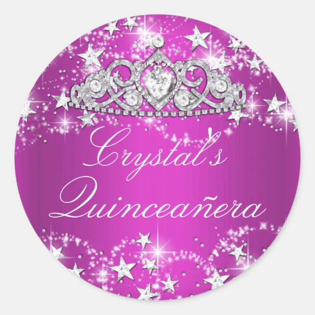 Hot Pink Sparkle Tiara & Stars Quinceanera Sticker (Front)