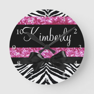 Hot Pink Sparkle Zebra Girly Girl's Round Clock