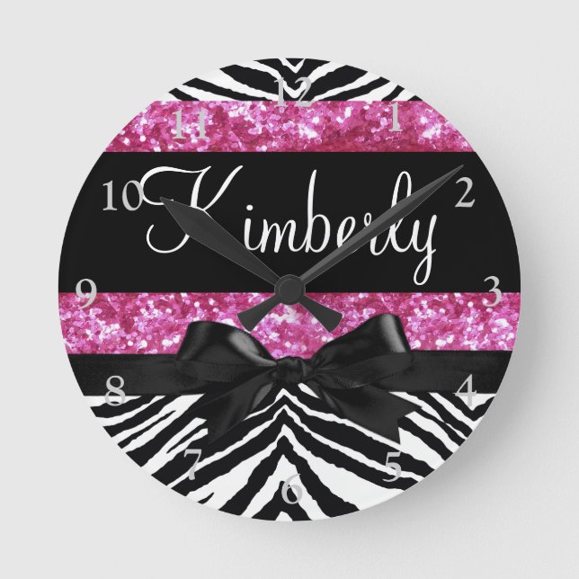 Hot Pink Sparkle Zebra Girly Girl's Round Clock (Front)