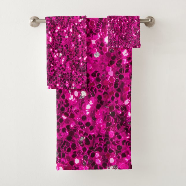 Hot pink sparkles faux glitter bath towel set (Insitu)