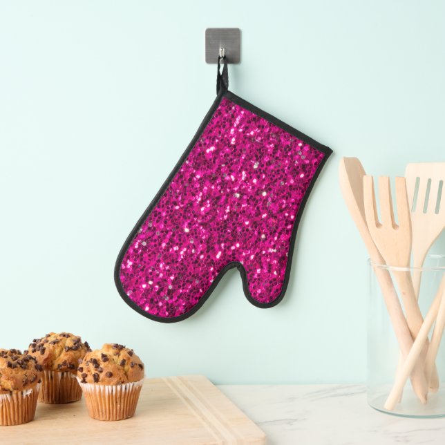 Hot pink sparkles faux glitter bling oven mitt (Insitu(Hanging))