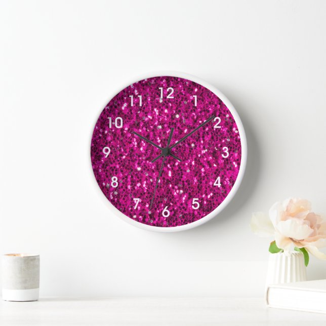 Hot pink sparkles faux glitter clock (Home)