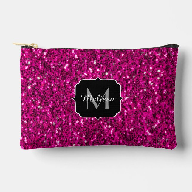 Hot pink sparkles faux glitter Custom Monogram Accessory Pouch (Front)