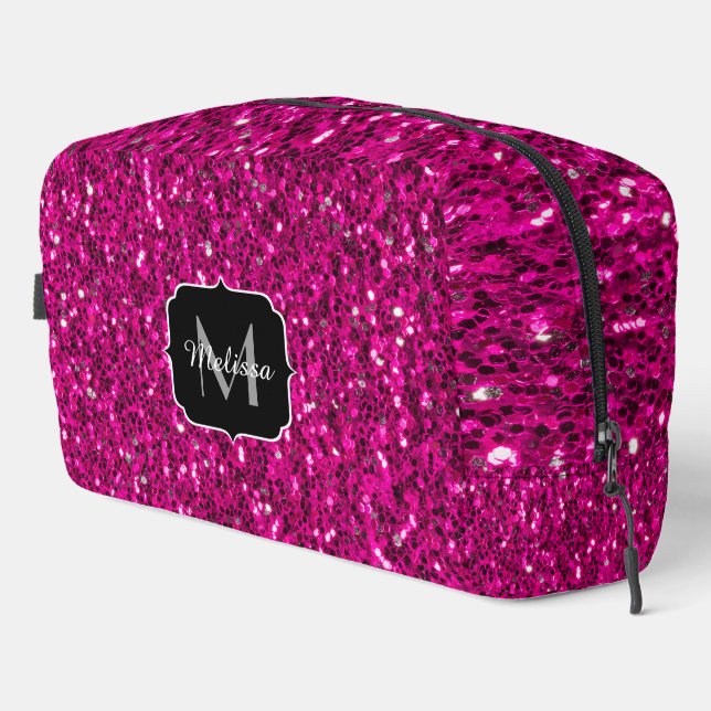 Hot pink sparkles faux glitter Custom Monogram Dopp Kit (Right Corner)