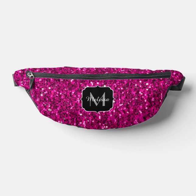 Hot pink sparkles faux glitter Custom Monogram Fanny Pack (Lay Down)
