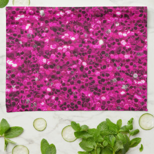 Hot pink sparkles faux glitter kitchen towel
