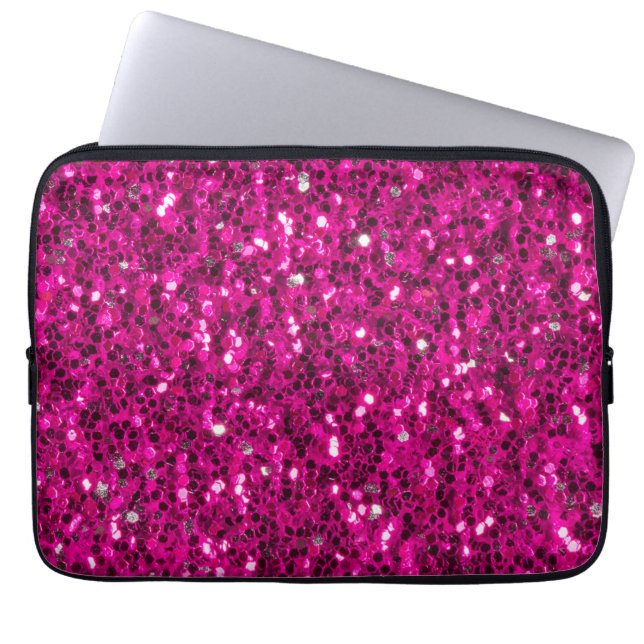 Hot pink sparkles faux glitter laptop sleeve (Front)