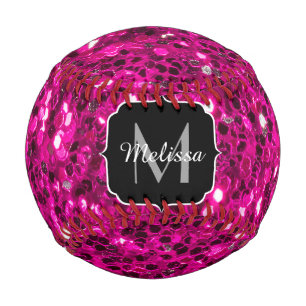 Hot pink sparkles faux glitter Monogram Baseball