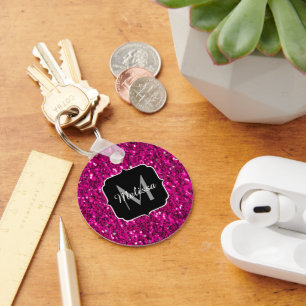 Hot pink sparkles faux glitter Monogram Keychain