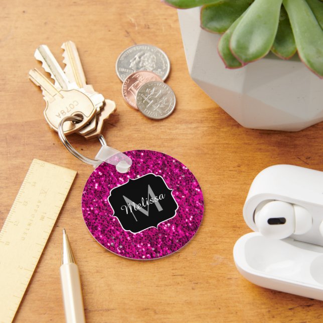 Hot pink sparkles faux glitter Monogram Keychain (Desk)