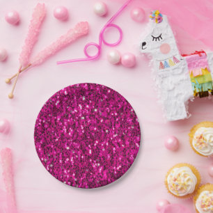 Hot pink sparkles faux glitter paper plate